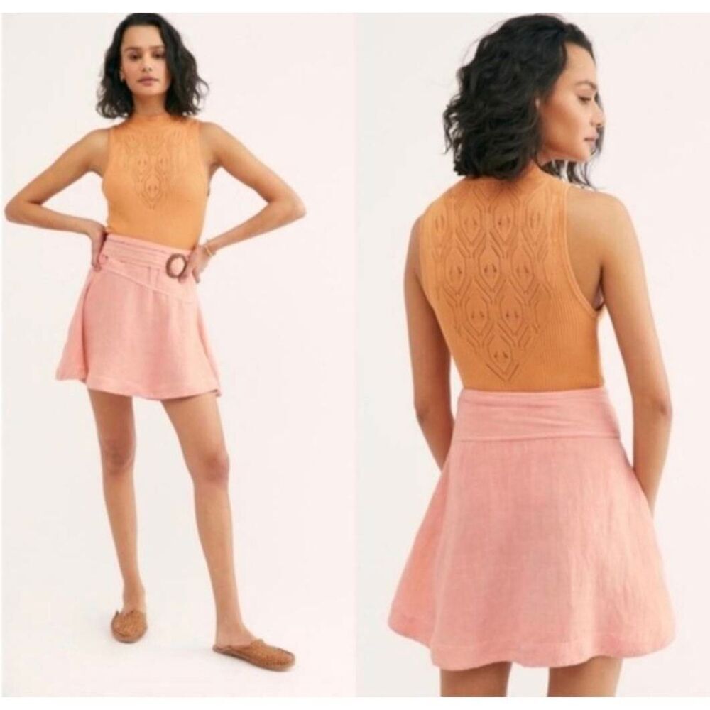 Free People FP Higher Ground Pink Linen A-Line Mini Skirt Femme Coquette Girly